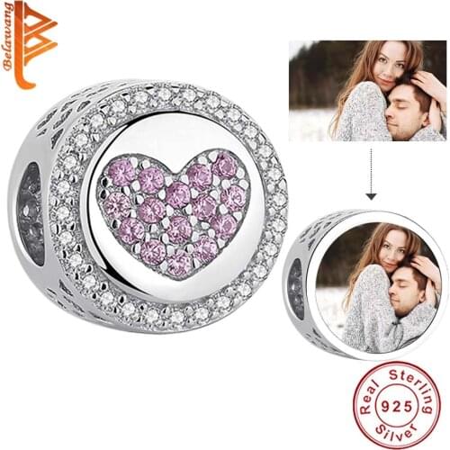 Personalized Custom Photo 925 Sterling Silver Round Pink Heart Charm Bead Fit Original Bracelet For Woman DIY Jewelry