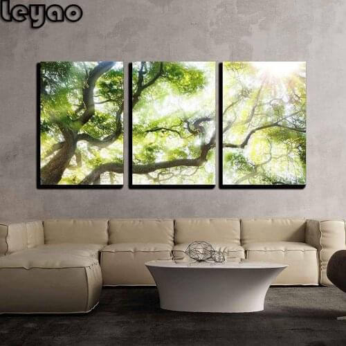 Home Decor Living Room diamond Painting 3 Pieces Green Big Tree With Sunlight full diamond embroidery Triptych Scenery wall Art