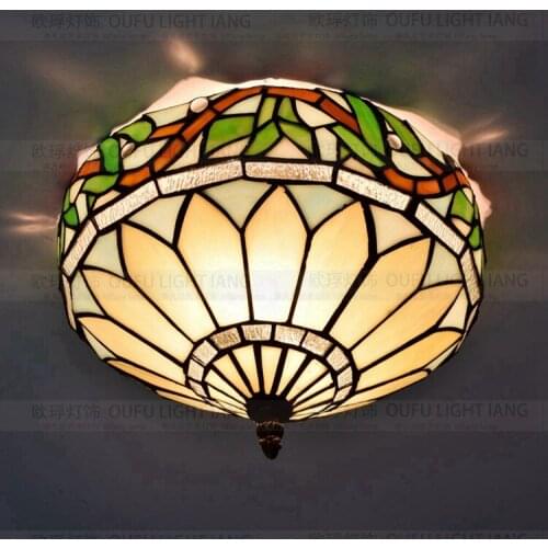European Baroque Pastoral Ceiling Light Tiffany Round Glass Lampshade lamparas de techo abajur 27cm E27 110-240V