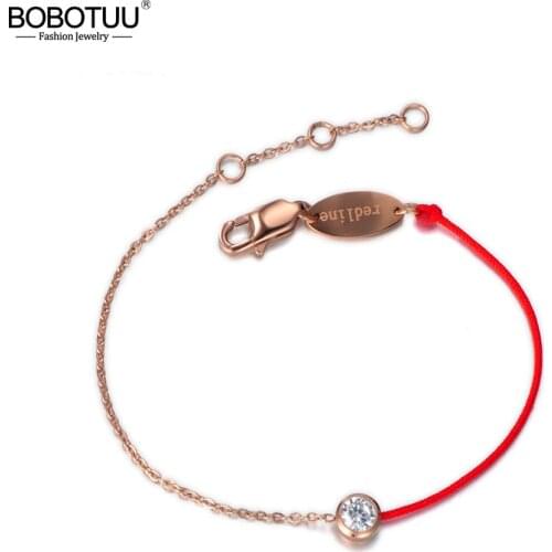 BOBOTUU Classic Titanium Steel CZ Crystal Charm Bracelets & Bangles For Women Red Rope Chain & Link Bracelet Jewelry BB17061