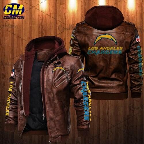 Fashionable Yellow Chargers Letter Graffiti Motorcycle Leather Jacket Winter Mens coat Los Angeles Streetwear
