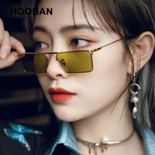 HOOBAN New Fashion Small Rectangle Sunglasses Women Retro Square Metal Sun Glasses For Female Vintage Green Driving Eyewer