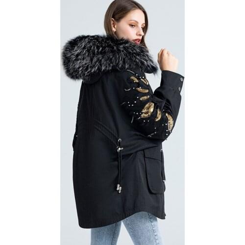 Parka womens new drawstring waisted coat real raccoon fur collar rabbit fur liner mid-length hooded fur coat Winter Jacket 2021