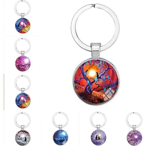Glass Under The Night Sky Cute Cat Lady Keychain Fashion Hanging Key Ring, New Cat Glass Cabochon Lady Jewelry