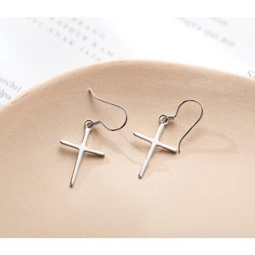 Real 100% 925 Sterling Silver Cross Hook Earrings for Women Men Jewelry, Simple Silver Couple Drop Earings Male Ear Accessories