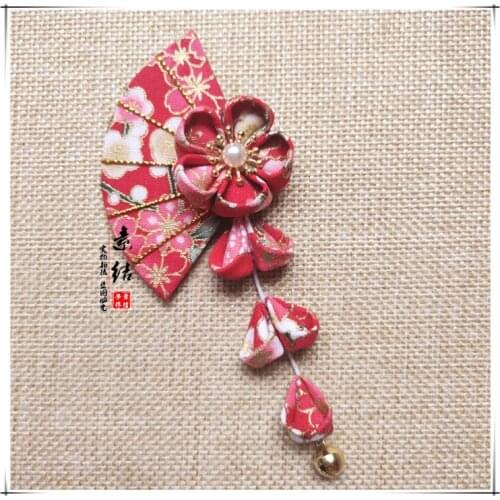 Handmade Tsumami Zaiku Kanzashi Fan Sakura Hair Clip Traditional Japanese Ancient Tassel Kimono Accessories Geisha Hairpin