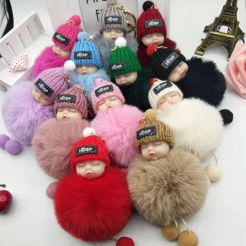 Sleeping Cute With Cotton Hat Doll Hair Ball Pendant Keychains Womens Girl Bag Car Key Accessories Plush Keyring for Baby Gifts
