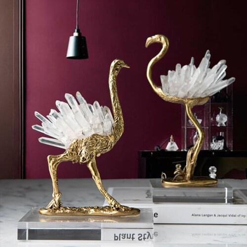 Modern Animal Brass Ostrich Arc Gold Statue Home Crafts Living Room Decor Objects Office Crystal Sculpture adornos para casa