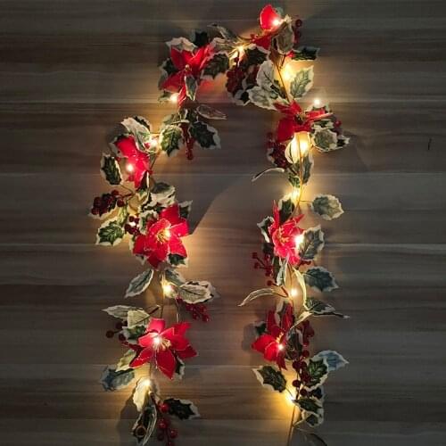 Glowing Artificial Poinsettia Garland Home Decoration Wall Hanging Red Flower Rattan For Christmas New Year