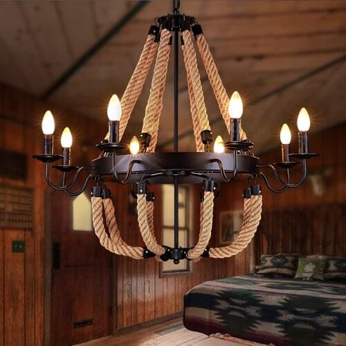Vintage American personality Creativity E14 Hemp rope Pendant Lights Retro ROPE +WROUGHT IRON Pendant Lamps for Living Room