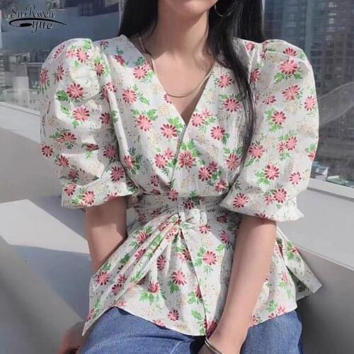 Puff Short Sleeve Korean Chic V-neck Blouse Women Clothing Vintage Sweet Print Chiffon Shirt Woman Lace Up Summer Tops New 14323