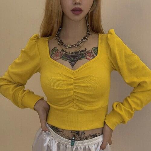 Womens Slim Knitted Crop Top Pullover Jumper Puff Long Sleeve Square Collar Knitwear Tops T Shirts Top