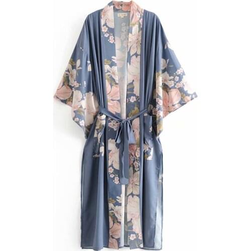 Floral Print Sashes Women bohemian V Neck batwing Sleeves Ladies Blouses happie Maxi Kimono robe