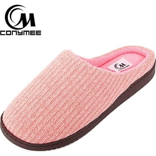 CONYMEE Winter Fur Slippers Home Shoes Woman Knitted Indoor Floor Shoes Soft Plush Home Slippers For Women Big Size Slipper Shoe