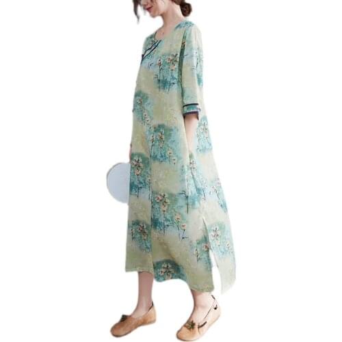 2021 chinese traditional dress vintage summer casual qipao dress round-necked design cotton and linen retro cheongsam dress