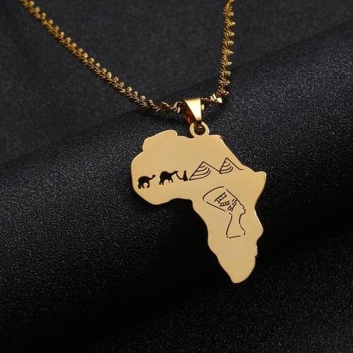 Stainless Steel Africa Map with Egyptian Queen Pendant Necklaces Nefertiti Camel Pyramid African Map Chain Jewelry