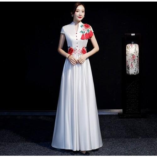 White Satin Embroidery Cheongsam Dress Elegant Qipao Wedding Party Gown Chinese Traditional Bride Mermaid Long Qi Pao Plus Size