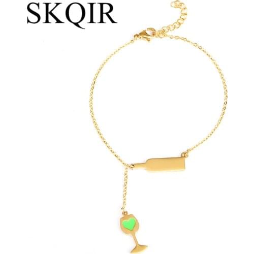 Green Heart Wine Glass Bracelet Womens Beer Goblet Charms Pulsera Gold Color Stainless Steel Chain Girl Lady Jewelry Love Gift