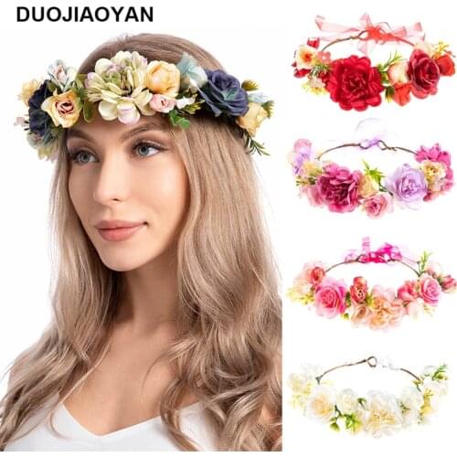 DUOJIAOYAN Spring Summer Bohemia Floral Headband Bridal Wedding Halo Rose Flower Crown Hair Wreath