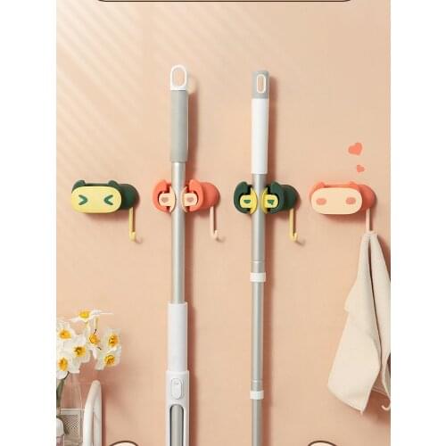 Adhesive Multi-Purpose Hooks Wall Mounted Mop Organizer Holder Cute Cartoon Brush Broom Hanger Hook Kitchen Bathroom Strong Rack