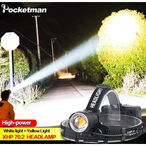100000LM XHP70.2 Led Headlamp XHP70 Yellow White Led Headlight Fishing Camping Zoom USB Rechargeable Torch Use 3*18650 batteries