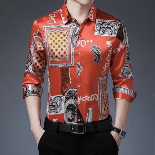 New 2020 Male Floral Printed Silk Shirts Vintage Patterns Printing Man Satin Silk Dress Shirts Long Sleeve Silk Clothes