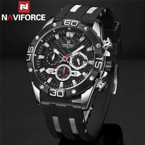 NAVIFORCE Fashion Men Watch Sport Man Wristwatch Top Brand Luxury Military Chronograph Black Rubber Quartz Male Clock Gift 8019