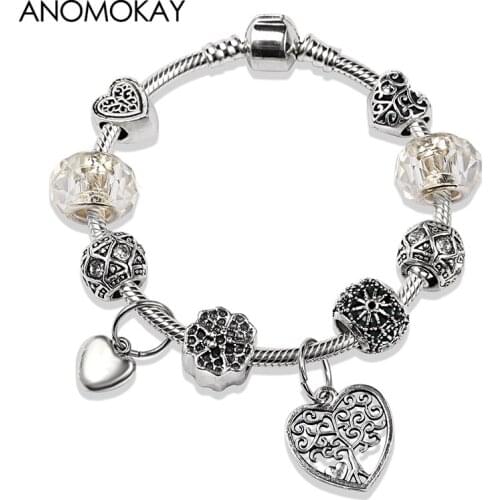 2019 New Sporty Style Antique Silver Color Tree of Life Charm Bracelet White Crystal Heart Diy Bead Bracelet Casual Jewelry