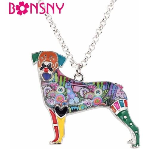 Bonsny Alloy Enamel Rottweiler Dog Necklace Pendant Chain Collar Elegant Animal Jewelry For Women Girls Pet Lovers Gift Original