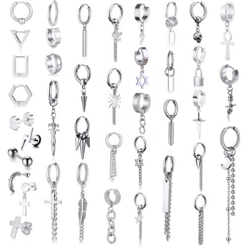 2 Pieces Punk Geometric Dangle Earrings for Men Women,Stainless Steel Gothic Rock Hinged Hoop Earrings,Ear Clip Jewelry