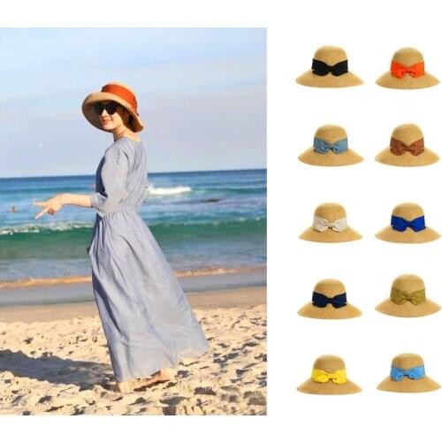 New Summer Womens Hat Outdoor UV Sun Hat Straw Wide Brim Bow Hat Vacation Sunshades Knitted Sun Hat