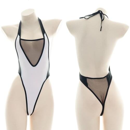 Sexy Women Black White High Spilt Low Chest Swimsuit One Piece Pajamas Sukumizu Private Lace Up Bodysuit Underwear Swimwear