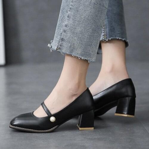 New Fashion Women Shoes Square Toe Mary Janes Shoes Square Heel Dress Shoes Pearl Buckle Pumps High Heel Elegant Office Shoes