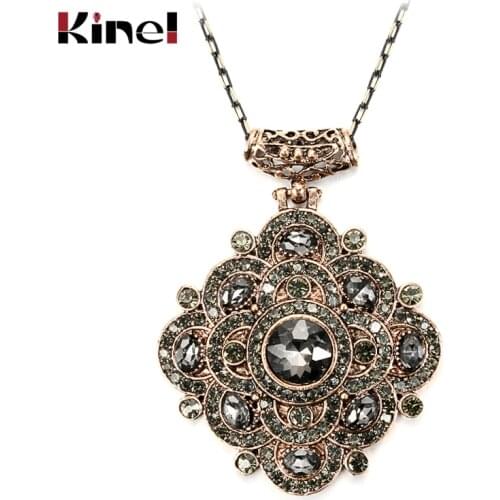 Kinel Boho Vintage Necklace For Women Full Rhinestone Grey Crystal Pendant Big Pendant Necklace Antique Gold Statement Jewelry