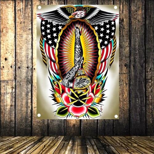 Sexy legs Vintage Banners Flag 4 Gromments in Corners Canvas Painting American Neo Traditional Tattoo Gun Art Poster Tapestry