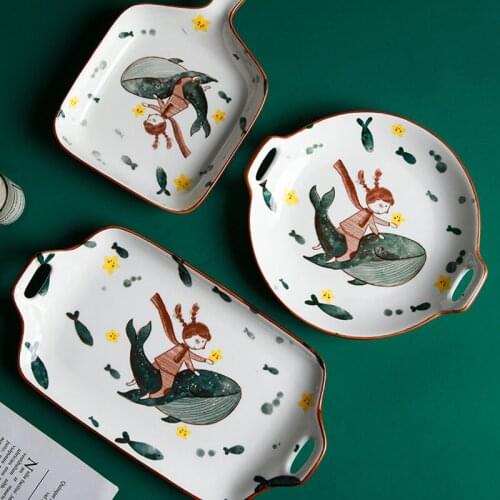 Japanese Art Ceramic Western Dessert Tray with Handle Commercial Kitchen Tableware Household Irregular Steamed Fish Baking Tray