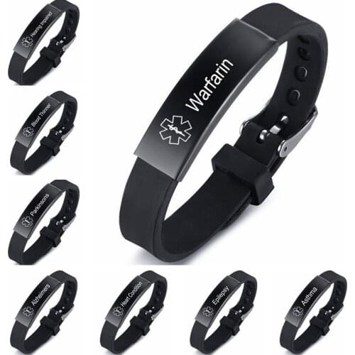 Wollet Jewelry Silicone Sport Medical Alert ID Bracelet Laser Engraved Adjustable Wristband for Men Women Emergency First Aid