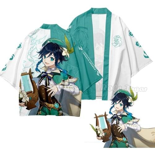Women Men Summer Casual Streetwear Genshin Impact Venti Cosplay Cloak Amber Cosplay Cartoon Printed Japanese Kimono Costume