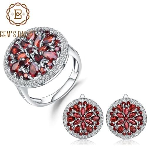 GEMS BALLET 11.65Ct Natural Red Garnet Earrings Cocktail Ring Set 925 Sterling Silver Gemstone Vintage Jewelry Set For Women