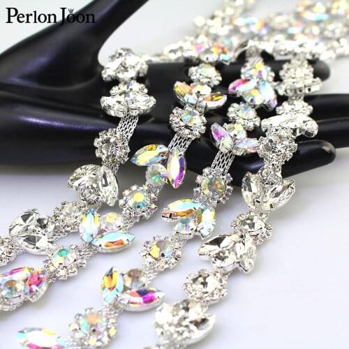 1 yard leaves flowers AB color glass crystal chain rhinestone trim plat silver chain decoration wedding dress accessories ML125