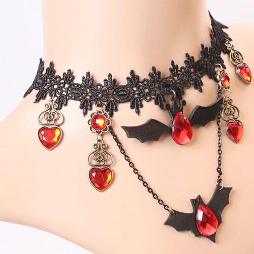 12 Pieces/Lot Hollow Rhinestone Heart Charm Necklace Black Velvet Bats Lace Choker Women Halloween Gifts Charm Statement Chains