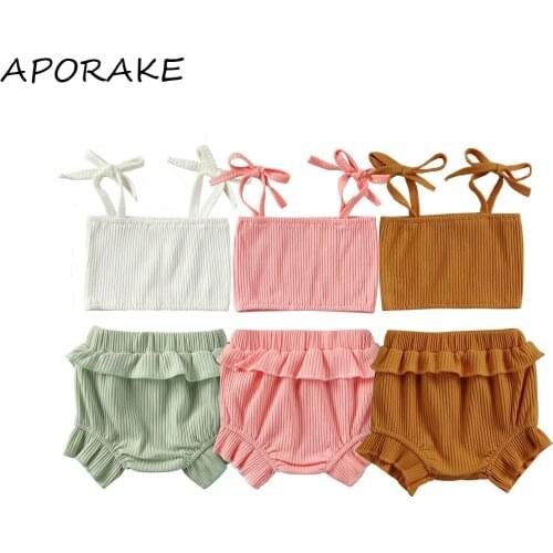 2021 0-24M 3 Colors Infant Baby Girl Knitted Clothing Straps Bandage Colid Crop Top+Ruffle Triangle Shorts Casual Summer 2pcs