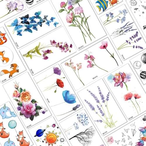 Watercolor Plant Flower Temporary Tattoo Sticker For Women Girl Wrist Ankle Tatoos Waterproof Fake Lavender Floral Tattoos Paper