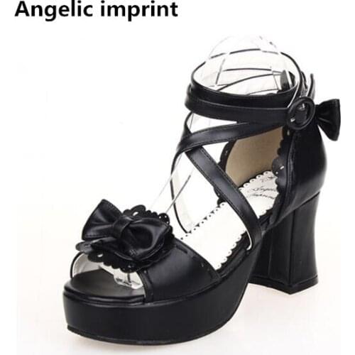 Angelic imprint woman mori girl lolita cosplay shoes lady high heels pumps women princess summer dress sandals lacework bowtie