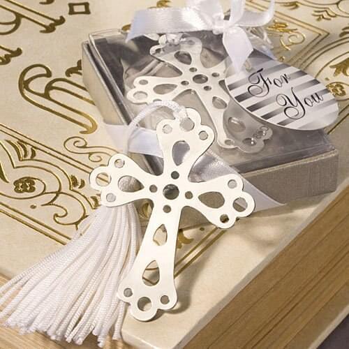 Free Shipping Cross Baptism presents metal bookmark with white silk tassel Silver Cross Bookmark Wedding Favors 200PCS/LOT