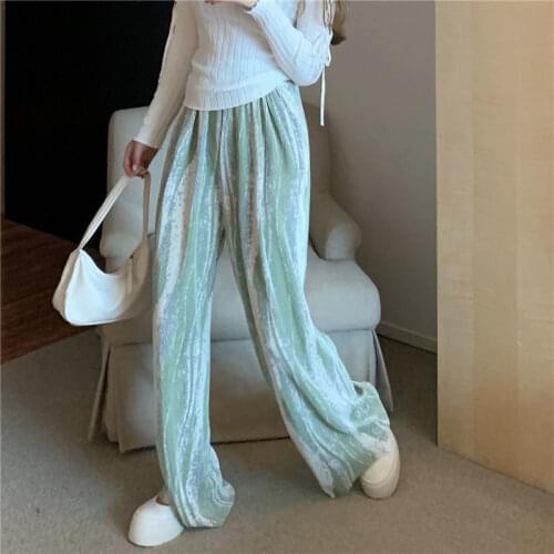 Womens Pants Ribbed Summer Wide Leg Sweatpants Trousers Tie Dye Elastic High Waist Pants Women Loose Print Trendy Pleated Pants