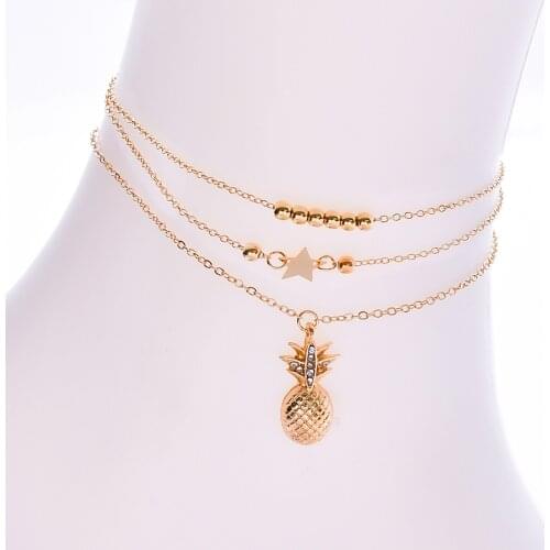 Doreen Box Gold Color Anklet Pineapple/ Ananas Fruit Pentagram Star Pendants Foot Jewelry 20cm(7 7/8") long, 1 Set ( 2 PCs/Set)