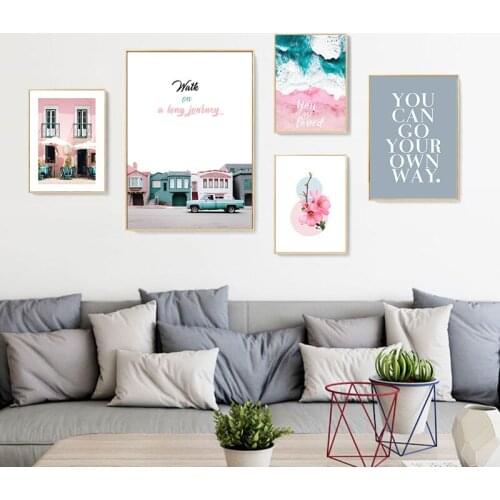 Pink Ocean Waves Cabin Quote Wall Art Nature Landscape Picture Nordic Posters And Prints Canvas Paintings for Living Room Decor
