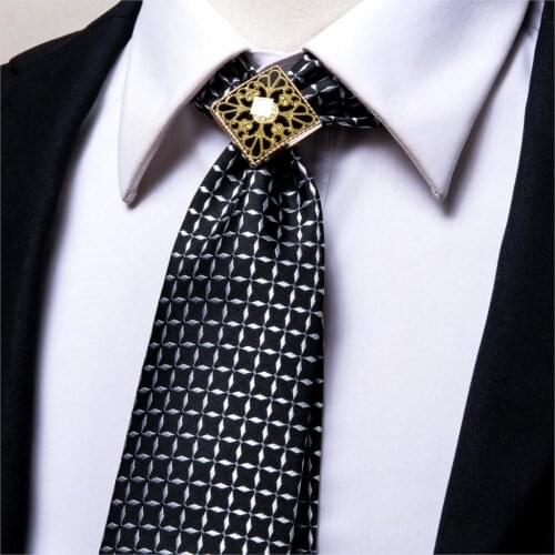 Hi-Tie Black Plaid Bolo Tie Business Mens Tie Gold Ring Hanky Cufflinks Set Silk Ties For Men Wedding High Quality NeckTie