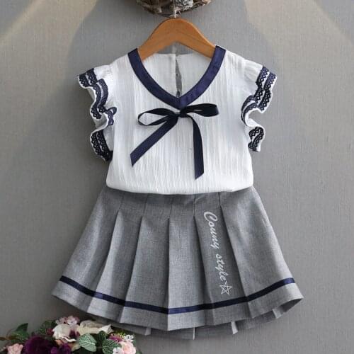 Summer Girls' Clothing Sets Korean Lace Short-sleeved College T-Shirt+Pleated Skirt+ Bow Tie 2PCS Uniforms Kids Children Clothes